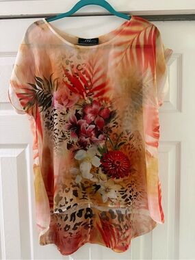 🧡 Midnight Velvet Tropical Floral & Leopard Sheer Blouse - Coral, Red, Cream 🧡